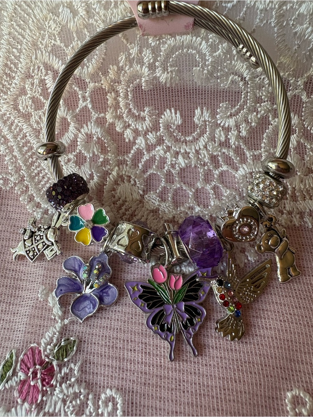 Silver-Tone Purple & Multicolor Charm Bracelet with Butterfly & Flower Charms